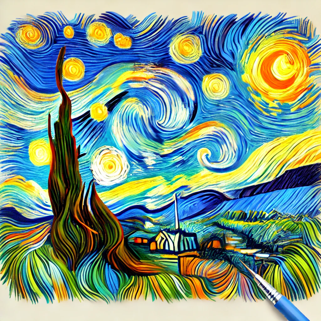 StabilArt - An artistic illustration showing an example of how AI replicates Vincent Van Gogh's brushstrokes. The image displays a famous Van Gogh-inspired landsc